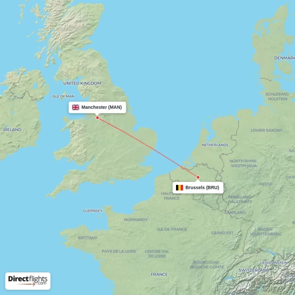 Brussels - Manchester direct flight map