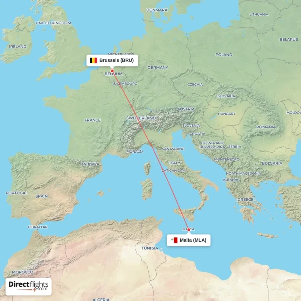 Brussels - Malta direct flight map