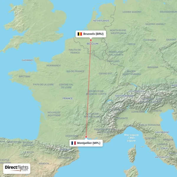 Brussels - Montpellier direct flight map