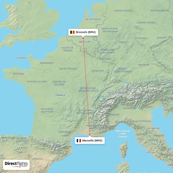 Brussels - Marseille direct flight map