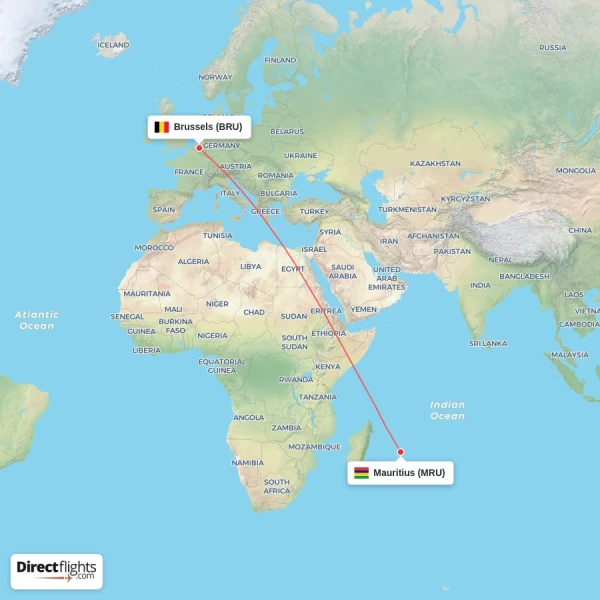 Brussels - Mauritius direct flight map