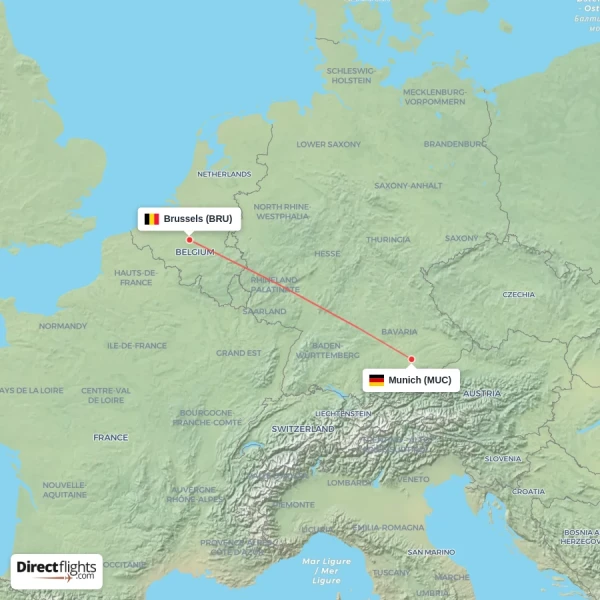 Brussels - Munich direct flight map