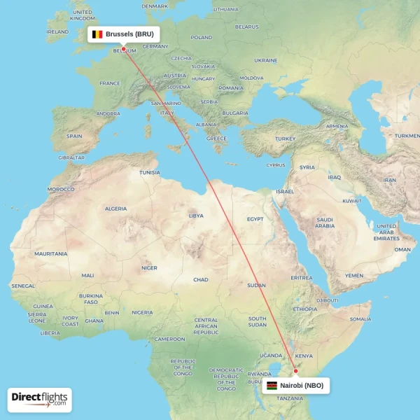 Brussels - Nairobi direct flight map