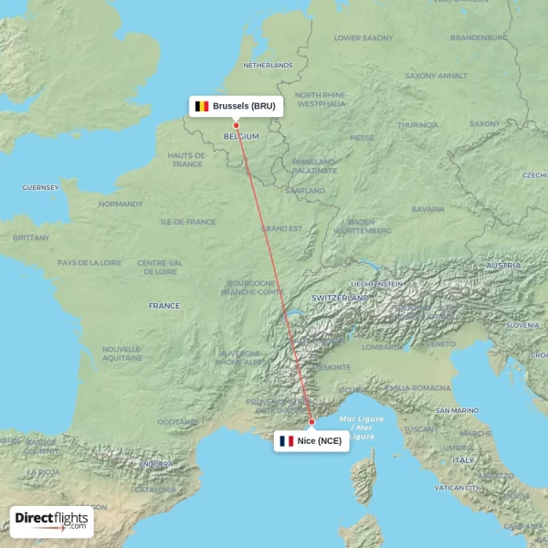 Brussels - Nice direct flight map