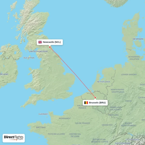 Brussels - Newcastle direct flight map