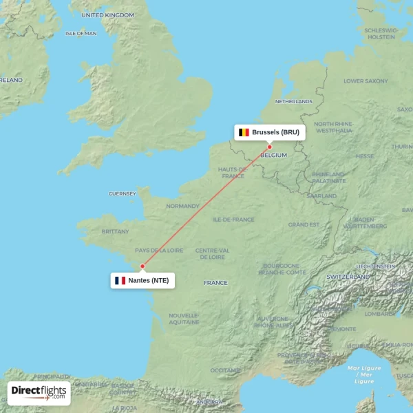 Brussels - Nantes direct flight map