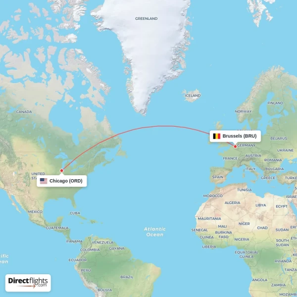 Brussels - Chicago direct flight map