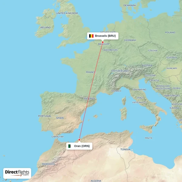 Brussels - Oran direct flight map