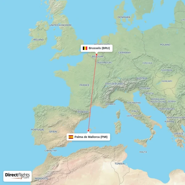 Brussels - Palma de Mallorca direct flight map