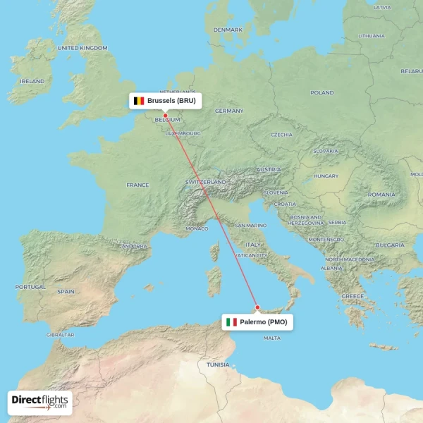 Brussels - Palermo direct flight map