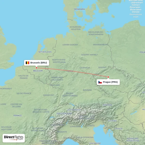 Brussels - Prague direct flight map