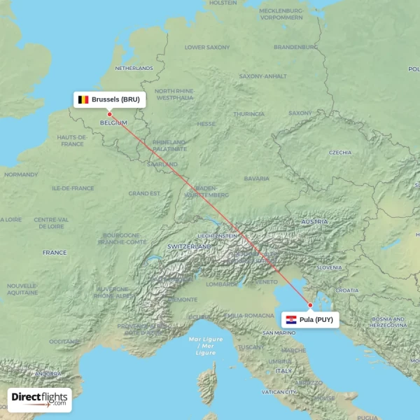 Brussels - Pula direct flight map
