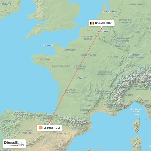 Brussels - Logrono direct flight map