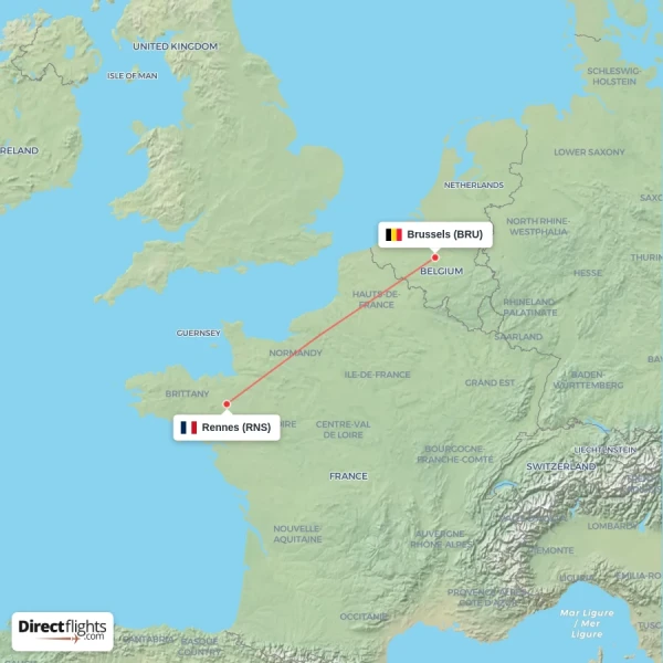 Brussels - Rennes direct flight map