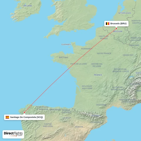 Brussels - Santiago De Compostela direct flight map