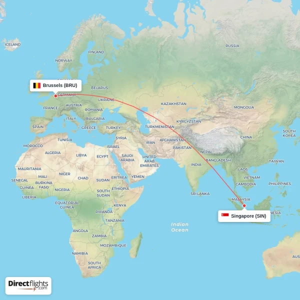 Brussels - Singapore direct flight map
