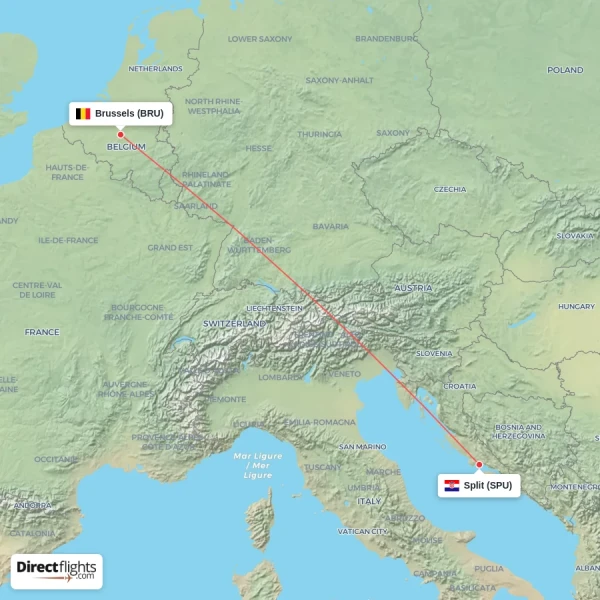 Brussels - Split direct flight map