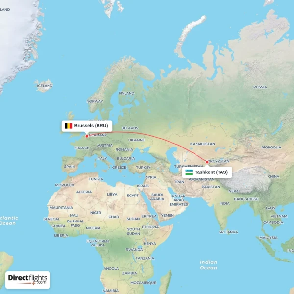 Brussels - Tashkent direct flight map