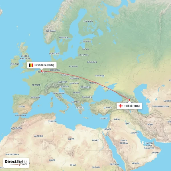Brussels - Tbilisi direct flight map