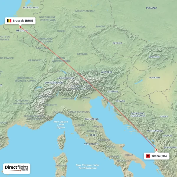 Brussels - Tirana direct flight map
