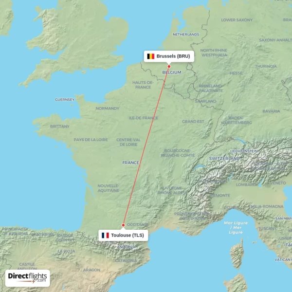Brussels - Toulouse direct flight map