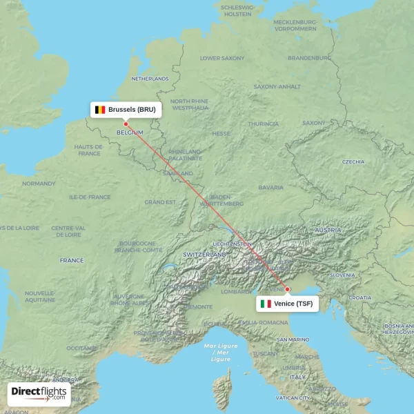 Brussels - Venice direct flight map