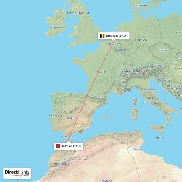 Brussels - Tetouan direct flight map