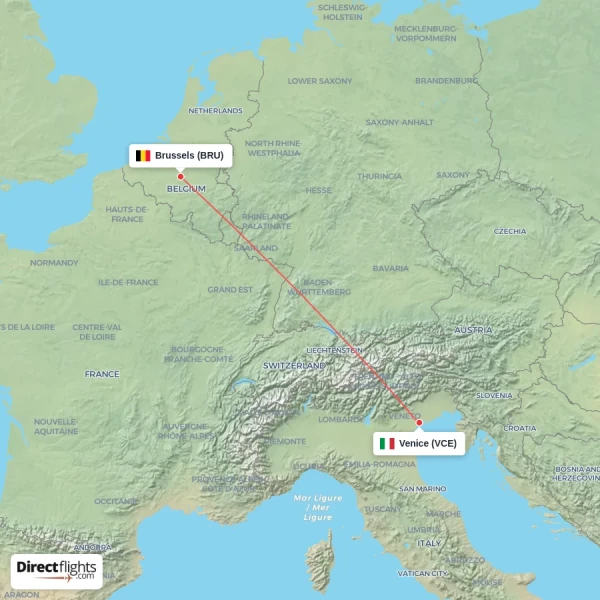 Brussels - Venice direct flight map