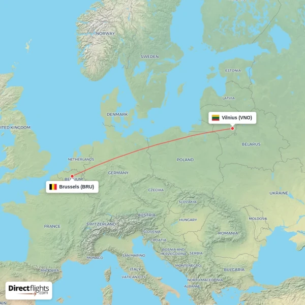 Brussels - Vilnius direct flight map