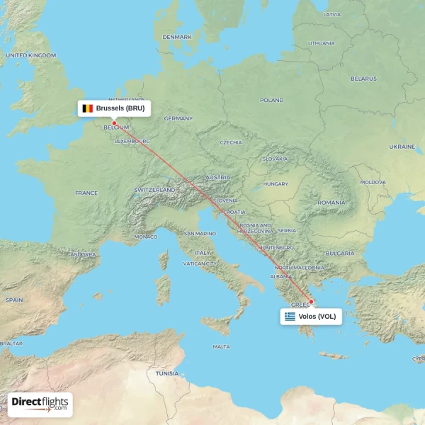 Brussels - Volos direct flight map