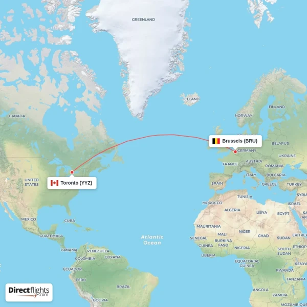 Brussels - Toronto direct flight map