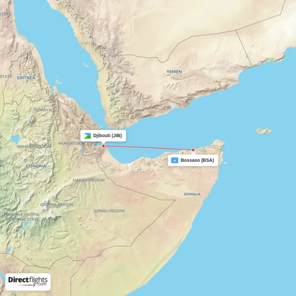 Bossaso - Djibouti direct flight map