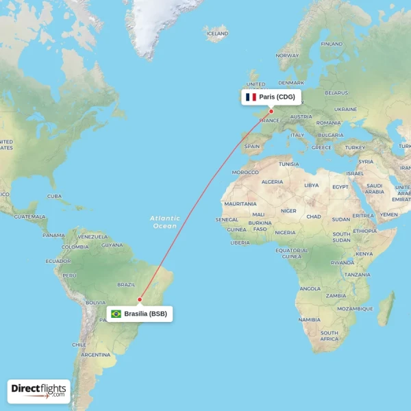 Brasilia - Paris direct flight map