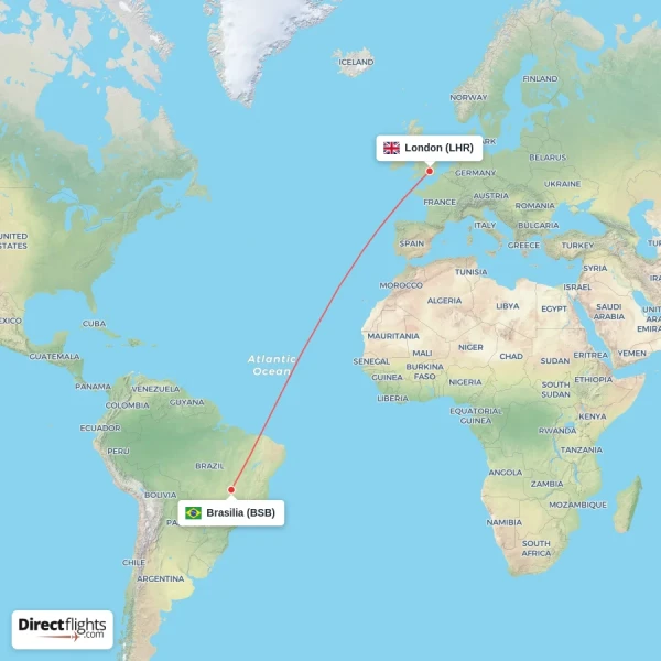 Brasilia - London direct flight map