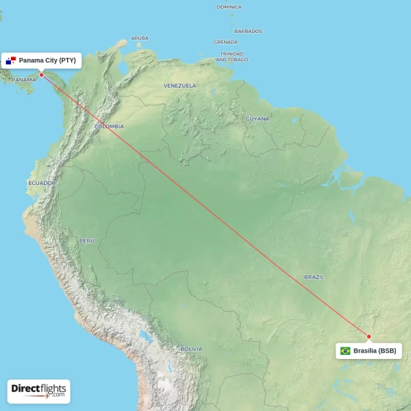 Brasilia - Panama City direct flight map