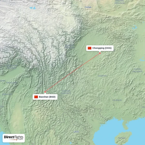 Baoshan - Chongqing direct flight map