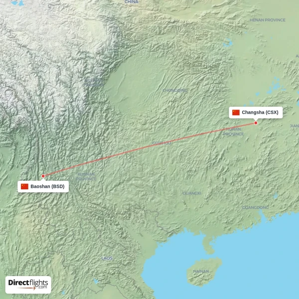 Baoshan - Changsha direct flight map