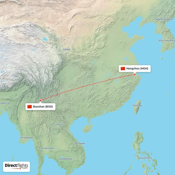 Baoshan - Hangzhou direct flight map