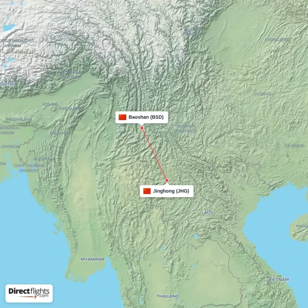 Baoshan - Jinghong direct flight map