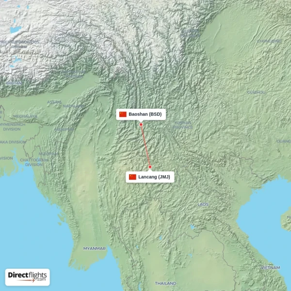 Baoshan - Lancang direct flight map