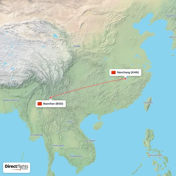 Baoshan - Nanchang direct flight map
