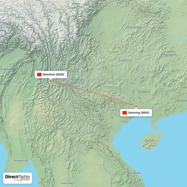 Baoshan - Nanning direct flight map