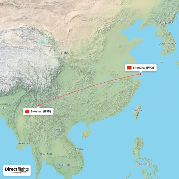 Baoshan - Shanghai direct flight map