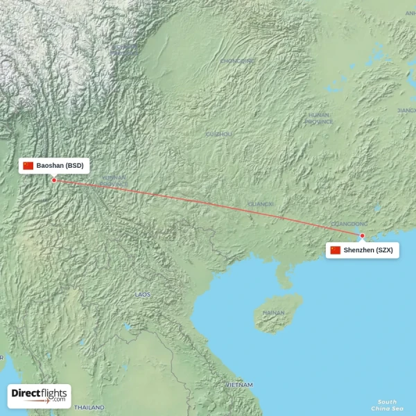 Baoshan - Shenzhen direct flight map