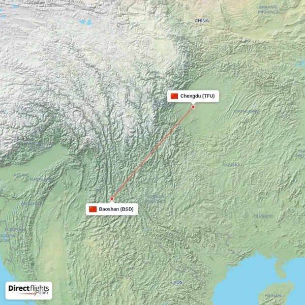 Baoshan - Chengdu direct flight map