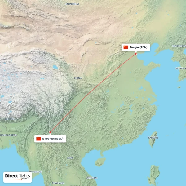 Baoshan - Tianjin direct flight map