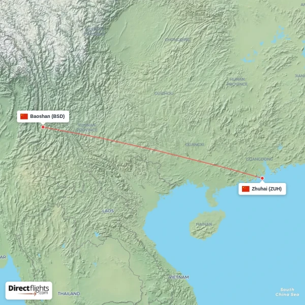 Baoshan - Zhuhai direct flight map