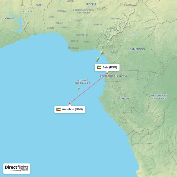 Bata - Annobon direct flight map