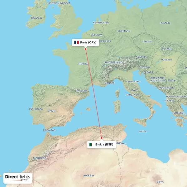 Biskra - Paris direct flight map