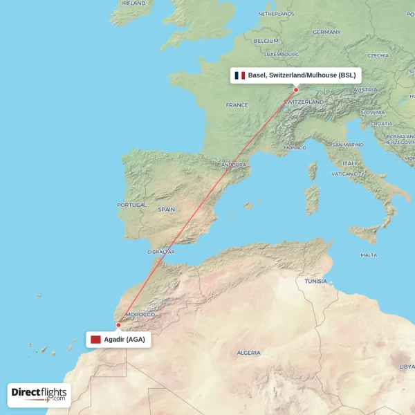 Basel, Switzerland/Mulhouse - Agadir direct flight map